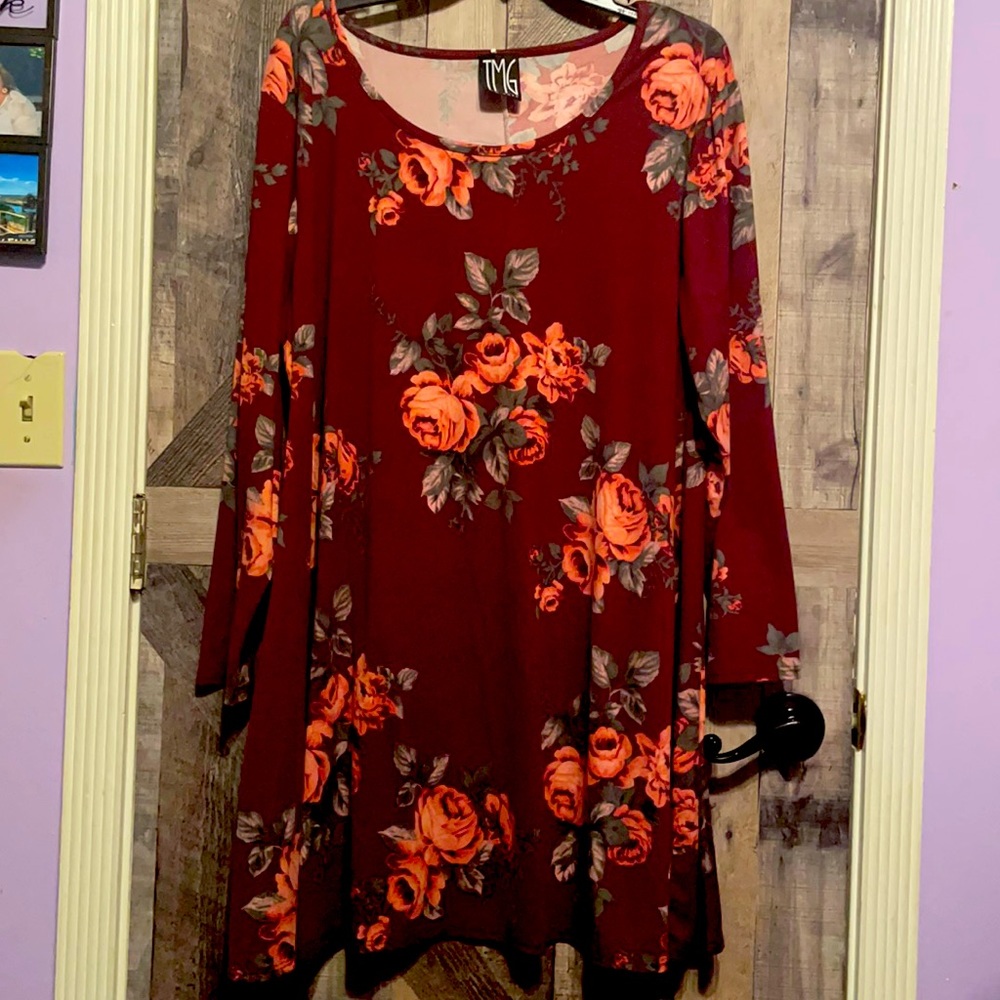 Gently worn maroon floral dress. Knee length.